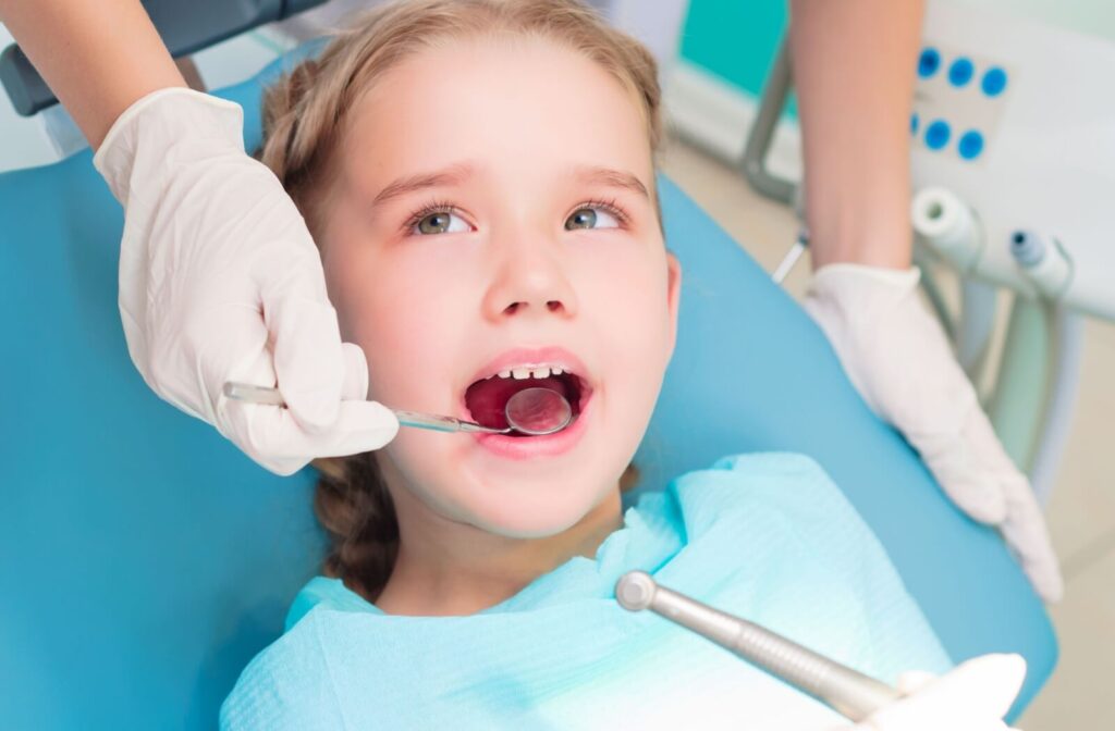 A dentist checks their young patient's teeth using a dental mirror
