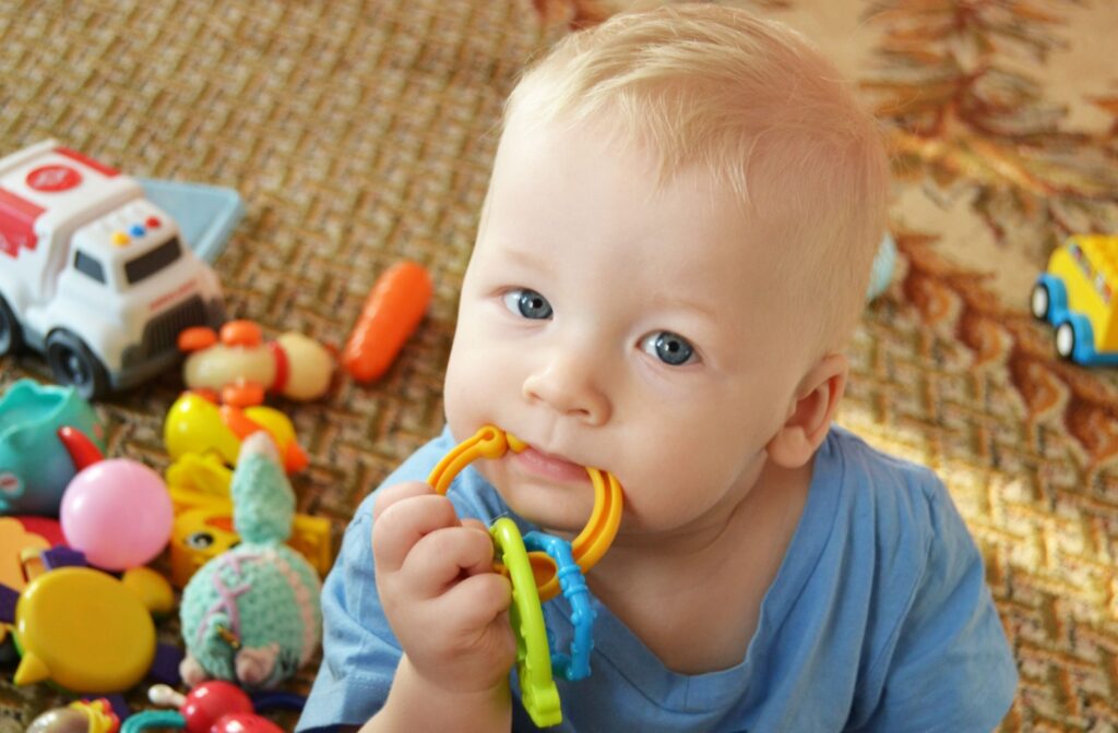 A baby chews on a teething toy to prevent discomfort related to their primary teeth coming in.